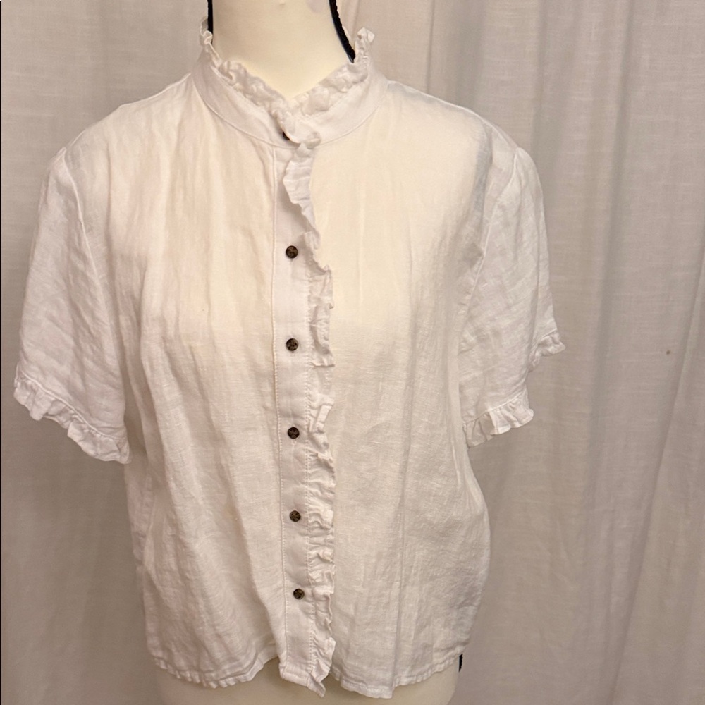 J. Crew White Ruffle Button-Down Shirt